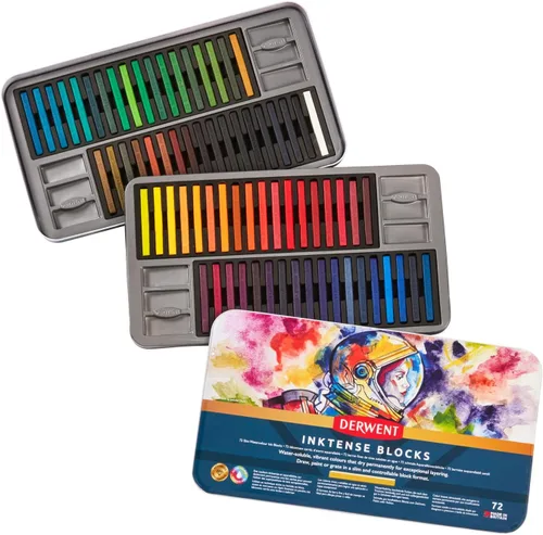 Derwent Inktense - Barras de tinta 72 caja metálica, juego de 72, bloque de 8mm, textura suave, soluble en agua, ideal para acuarela, dibujar,