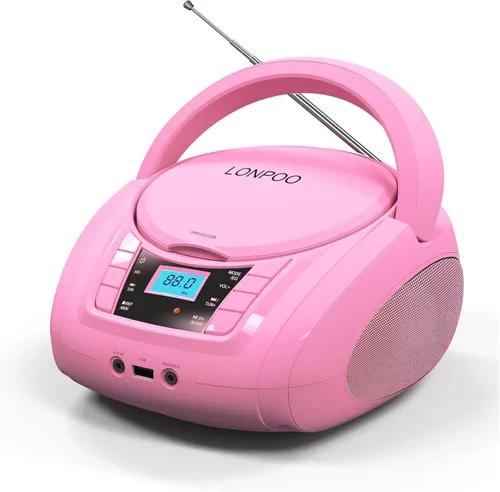 Miniatura 11 de LONPOO Reproductor de CD portátil Boombox con radio FM/USB/Bluetooth/entrada AUX y salida de jack de auriculares, altavoz de sonido estéreo