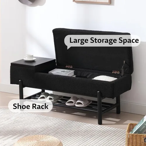 Miniatura 4 de ROCITY Banco de almacenamiento moderno negro con asiento de cojín y patas de madera, 46.5 x 19.25 x 16 pulgadas Lana de cordero negra
