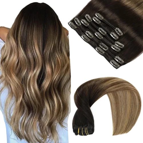 Miniatura 16 de VINBAO Extensiones de cabello humano con clip, balayage, color marrón ceniza a rubio caramelo, 14 pulgadas, 6 unidades, 3.53 onzas, 6