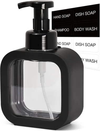 Dispensador de jabón espumoso, 10.1 fl oz (10 onzas), dispensador de jabón de manos de espuma recargable de plástico con 8 etiquetas impermeables,
