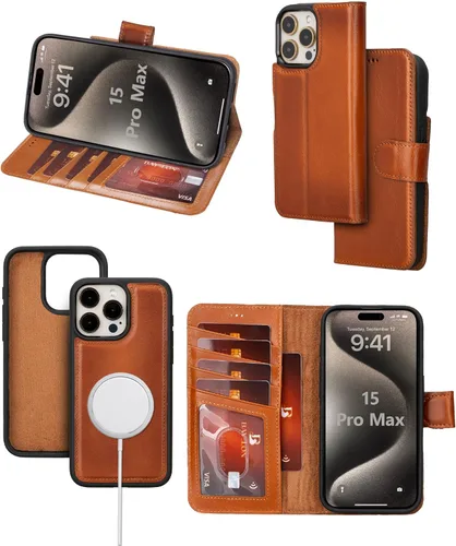 Miniatura 18 de Bayelon Funda tipo cartera para iPhone 15 Pro Max, de cuero de grano completo, cubierta abatible magnética desmontable, tarjetero, funda tipo Marrón