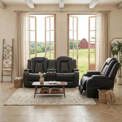Miniatura 12 de Juego de sofá reclinable eléctrico, sofá reclinable de cuero de aire con LED/portavasos/almacenamiento, 2 muebles de sala de estar, sofá de cuero