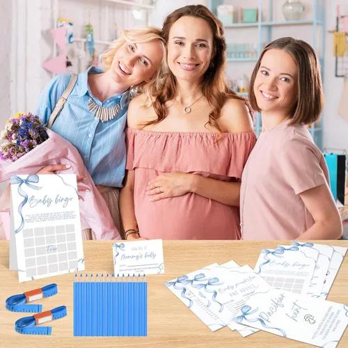 Miniatura 6 de Honoson Juego de 279 piezas de juegos de baby shower con lazo azul para 50 invitados, 8 juegos incluyen Adivina mamá o papá, revuelto de palabras