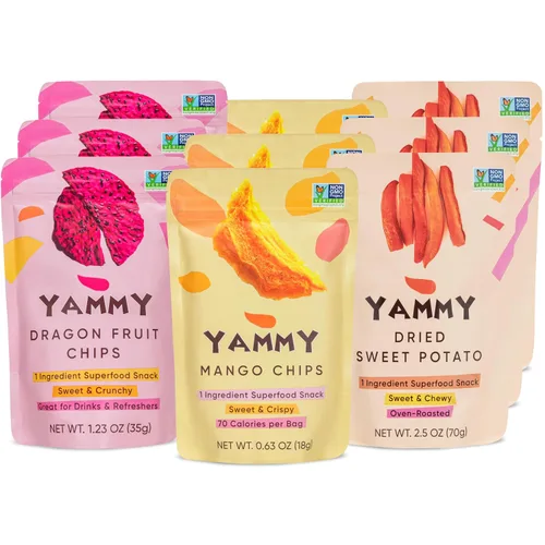 Yammy Bocadillo de fruta seca (paquete de 9 variedades), sin azúcar añadido, 1 ingrediente, bocadillos saludables para adultos y niños, palitos de