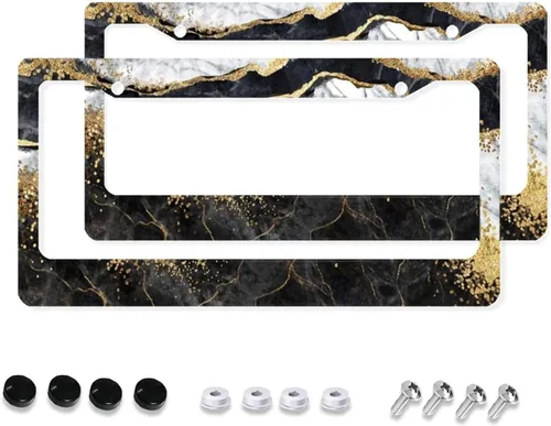 Miniatura 7 de Paquete de 2 marcos de matrícula de mármol dorado, accesorios de automóvil, marco de aluminio negro y blanco con 4 agujeros para tornillos, novedad