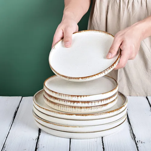 Miniatura 6 de Bosmarlin Juego de 4 platos de cerámica para ensalada, pasta, postre, microondas y lavavajillas (beige, 8.2 pulgadas)