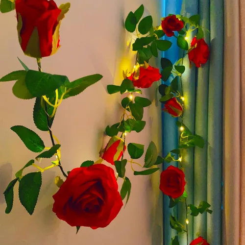 Miniatura 8 de Guirnalda de flores artificiales Fielegen con 20 luces de cadena LED, guirnalda de rosas colgantes de 2 metros con decoración de luces para jardín