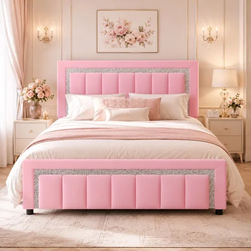 Miniatura 11 de HOMBCK Marcos de Cama Individual, Marco de Cama Tamaño Individual con Cabecera y Pie de Cama de Diseño de Terciopelo Diamante, Marco de Cama