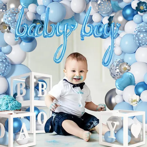 Miniatura 6 de Amandir 137 globos azules para baby shower para niño con cajas de bebé, kit de arco de globos blancos y azules, cajas de bebé con letra