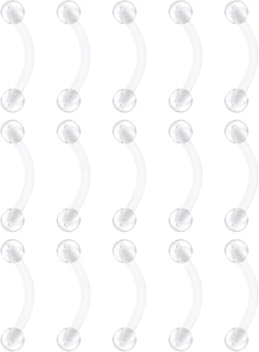 FECTAS Aretes de plástico flexible transparente de 16G y 14G, anillos para cejas, barras curvadas, retenedores para piercing de vientre, 15 unidades