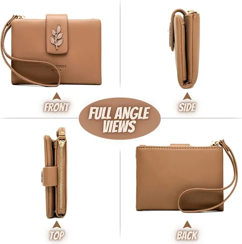 Miniatura 5 de Cartera pequeña y compacta de piel sintética para mujer, con bloqueo Rfid, con bolsillo, con correa para muñeca, color negro, Café