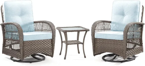 Joyside Juego de 2 sillas giratorias para patio al aire libre y mesa auxiliar a juego, juego de 3 piezas de mimbre para patio con cojines de tela de