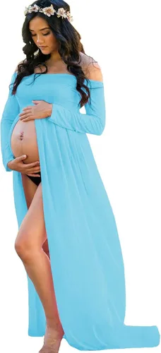 YnimioAOX Vestido de maternidad de manga larga con hombros descubiertos para mujer, para fotografía, vestido de maternidad de gasa para sesión de