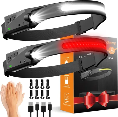 Faros delanteros recargables con luz roja, paquete de 2, lámpara LED de haz ancho para adultos, faros para cabeza con sensor de movimiento, luz de