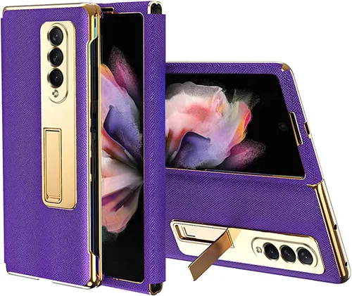 Miniatura 9 de Ninki Funda de cuero para Galaxy Z Fold 3 con función atril, color negro, cuero de lujo con PC a prueba de golpes y soporte de anillo protector