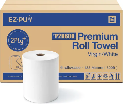 EZbrnd - Rollo de toalla de mano suave de 2 capas + de bobinado duro, certificado FSC, 600 pies x 6 rollos, núcleo universal de 8 pulgadas x 1.5
