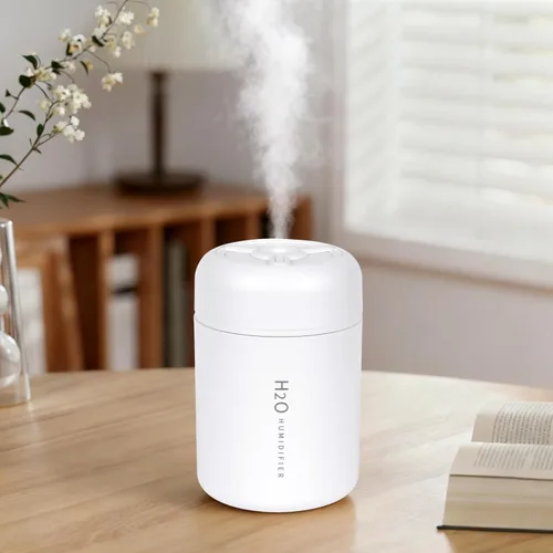 Mini humidificador portátil, 300ml USB de niebla fría con luces coloridas. Perfecto para dormitorio, oficina, plantas, viajes y coche (Blanco)