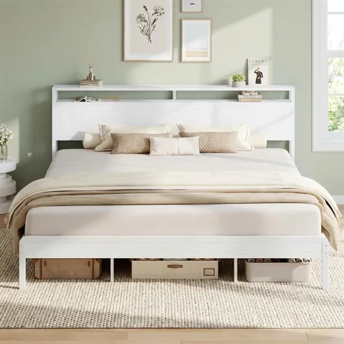 Miniatura 15 de LIKIMIO Marco de Cama King con Cabecero, Marco de Cama King de Madera Oscura con Soportes Fuertes, Resistente, Sin Ruido, No Necesita Somier, Nogal