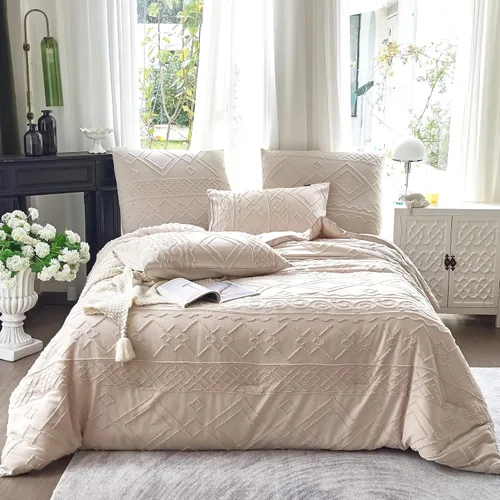 Edredón con Mechones Tamaño King Juego de 3 Piezas Beige Boho Decoración de Dormitorio Estilo Granja para Todas las Estaciones Edredón Tamaño King