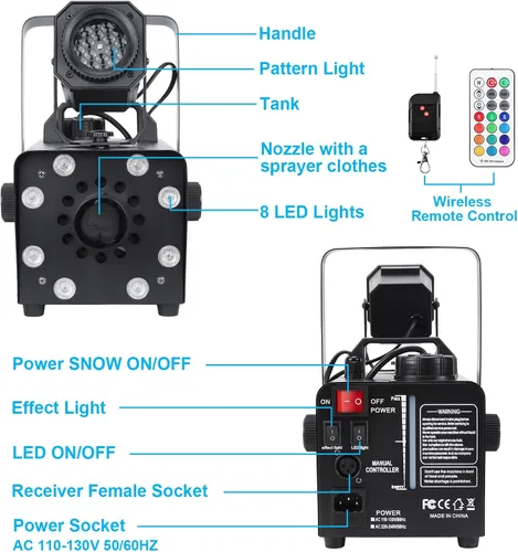 Miniatura 8 de Hakuta - Máquina de nieve mejorada de 800W con 8 luces LED RGB, proyección LED y 2 controles remotos inalámbricos, perfecta para Navidad, Halloween
