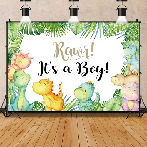 Cartel de fondo de baby shower de dinosaurio pequeño de 7 x 5 pies con texto en inglés "It's A Boy" ("It's A Boy"), telón de fondo para baby shower,