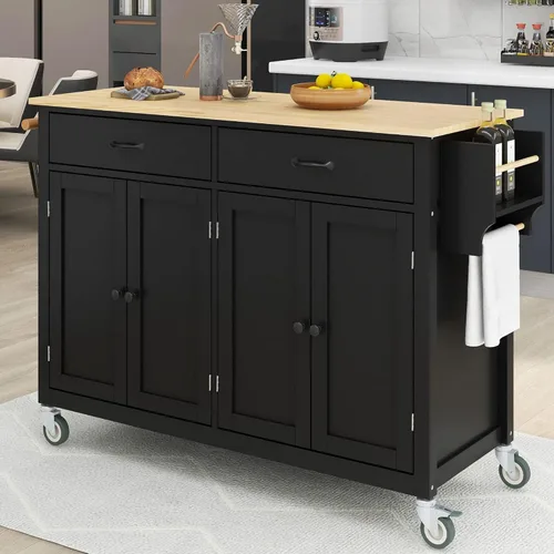 P PURLOVE Carrito de madera para isla de cocina con ruedas de bloqueo, carrito utilitario rodante con 2 cajones y 4 puertas de gabinete, estante de