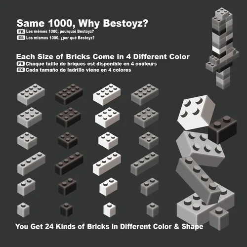 Miniatura 4 de Ladrillos de construcción de 1000 piezas en negro, gris oscuro, gris claro y blanco, bloques de construcción clásicos generales juguetes para niños
