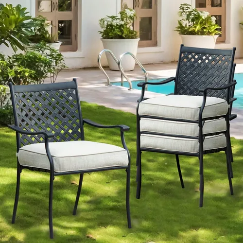 Juego de 4 sillas de comedor apilables para patio, muebles de comedor, marco para todo tipo de clima con cojín grueso para porche, patio, balcón,