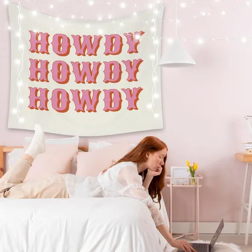Miniatura 2 de OGILRE Tapiz de decoración de fiesta de vaquera occidental, bonito tapiz rosa preppy Howdy para el hogar, decoración de dormitorio de niñas, tapiz