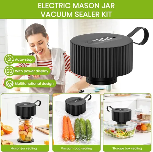 Miniatura 4 de Kit de sellado al vacío eléctrico de tarros Mason de un solo toque, para tarros Mason de boca ancha y regular, sellador al vacío portátil para Negro