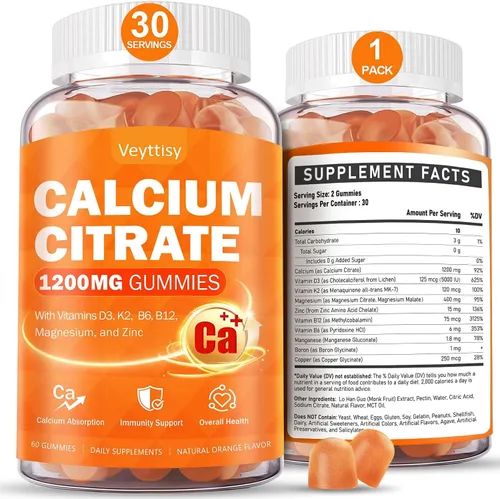 Suplemento de calcio 1200 mg con vitamina D3 para adultos - Gomitas de calcio con 5000ui de vitamina D3, K2, B6, B12, magnesio y zinc - Suplemento