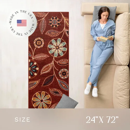 Miniatura 3 de Alfombra antideslizante Maples Rugs Reggie, tapete para pasillo, entrada, con diseño floral (fabricado en Estados Unidos) 2 x 6, color merlot