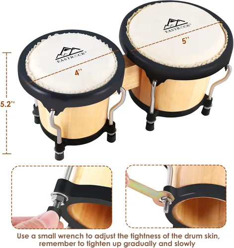 Miniatura 4 de EastRock Bongo - Juego de tambor de 4 y 5 pulgadas para adultos, principiantes, profesionales, instrumentos de percusión de madera y metal con llave