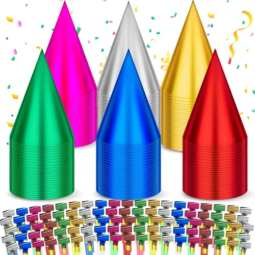 Sotiff Juego de 200 sombreros y sopladores para fiesta de cumpleaños, cono colorido, sombrero metálico de papel de aluminio para niños y adultos,