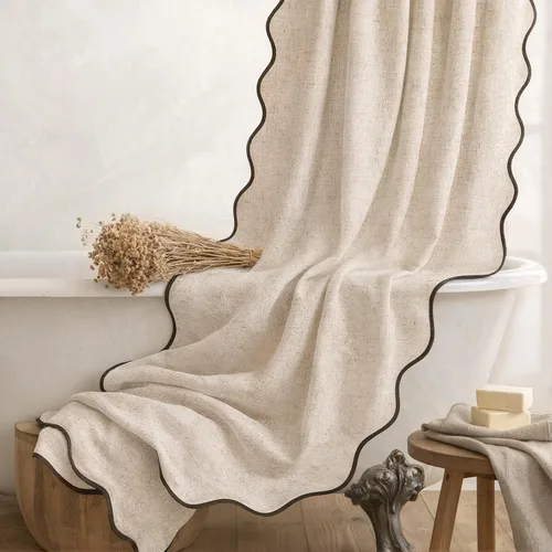 Miniatura 7 de Cortina de Ducha de Lino Beige Bonita Negra Festoneada Boho Moderna Cortinas de Ducha para Baño Juego, 48" W x 72" L