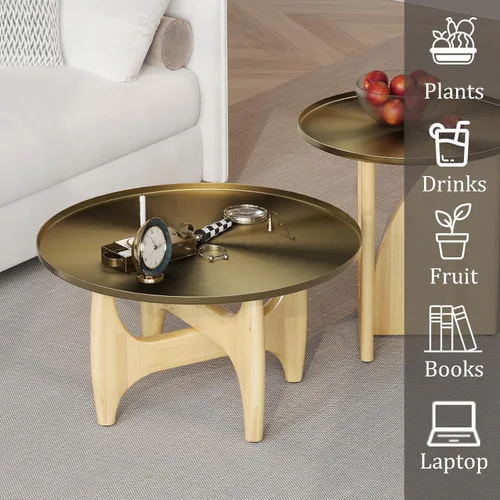 Miniatura 7 de ACEDÉCOR Mesa auxiliar redonda de 30 pulgadas, mesa central dorada cepillada con bandeja de borde bajo y base de madera maciza en X para sala