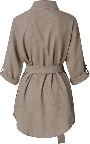 Miniatura 4 de FOVIGUO Vestido sexy de manga larga con botones para mujer, vestido de gasa con solapa y cinturón