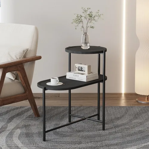 Miniatura 12 de Mesa auxiliar moderna de 2 niveles con estante tejido, mesa auxiliar pequeña bohemia para sala de estar, sofá, patio, oficina en casa, mesa Nogal_2
