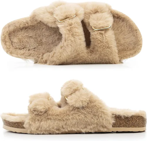 Miniatura 4 de FITORY Womens Open Toe Slipper with Cozy LiningFaux Rabbit Fur Cork Slide Sandals Size 6-11