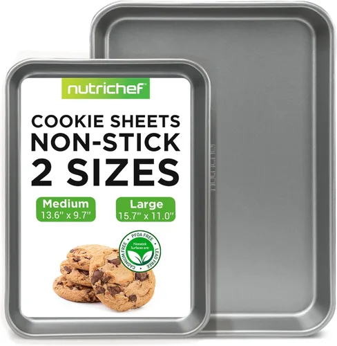 NutriChef 2 bandejas de galletas grandes y medianas para hornear, bandeja antiadherente para galletas, pasteles de hoja y asado, aptas para Gris