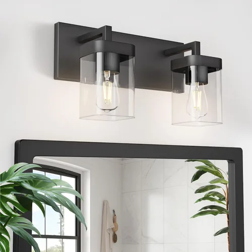 Miniatura 20 de Juego de 2 apliques de pared, diseño cuadrado, accesorios de iluminación de baño con pantalla de vidrio transparente, luces de pared negras mate