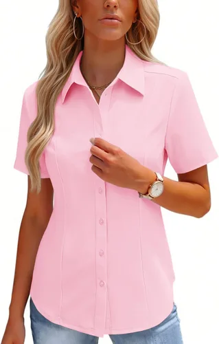 Miniatura 14 de HOTOUCH Camisas con botones para mujer, manga corta, elástica, sin arrugas, blusas formales de trabajo, blusas de verano, tallas S-2XL
