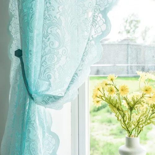 ALIGOGO Cortinas de color verde menta para dormitorio - Cortinas de encaje traslúcidas de color aguamarina para niña de 63 pulgadas de largo para