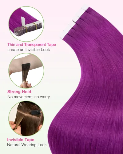 Miniatura 5 de YoungSee - Extensiones de cabello humano con cinta, extensiones de cabello color morado con cinta, 20g, extensiones de cabello teñido con cinta, 12