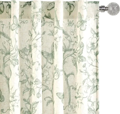 Miniatura 14 de DWCN Cortinas traslúcidas de lino floral, bolsillo para barra y pestaña trasera, cortina de mezcla de lino para dormitorio, sala de estar, cortinas