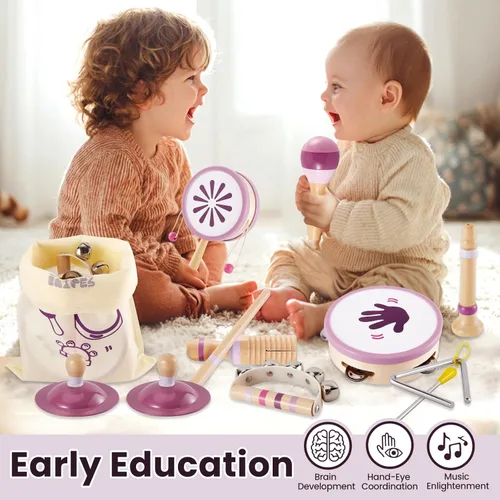 Miniatura 7 de BUYGER Instrumentos musicales de madera para niños pequeños de 1 a 3 años, instrumentos de percusión Montessori para bebés, juguetes musicales