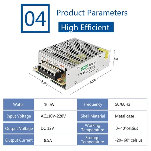 Miniatura 5 de Fuente de alimentación conmutada de 12 V 8.5 A, controlador LED de 100 W, convertidor adaptador de transformador regulado universal CA 110V-220V a