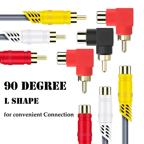Miniatura 5 de Conectores RCA macho a hembra en ángulo recto, paquete de 12 adaptadores RCA M/F de 90 grados, codo chapado en oro (6 negros + 6 rojos)