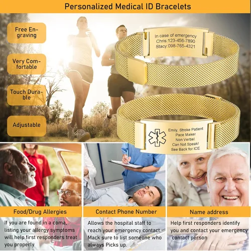 Miniatura 35 de VNOX Pulsera de identificación de alerta médica para hombres y mujeres, pulseras de alerta médica con grabado personalizado para mujeres y hombres